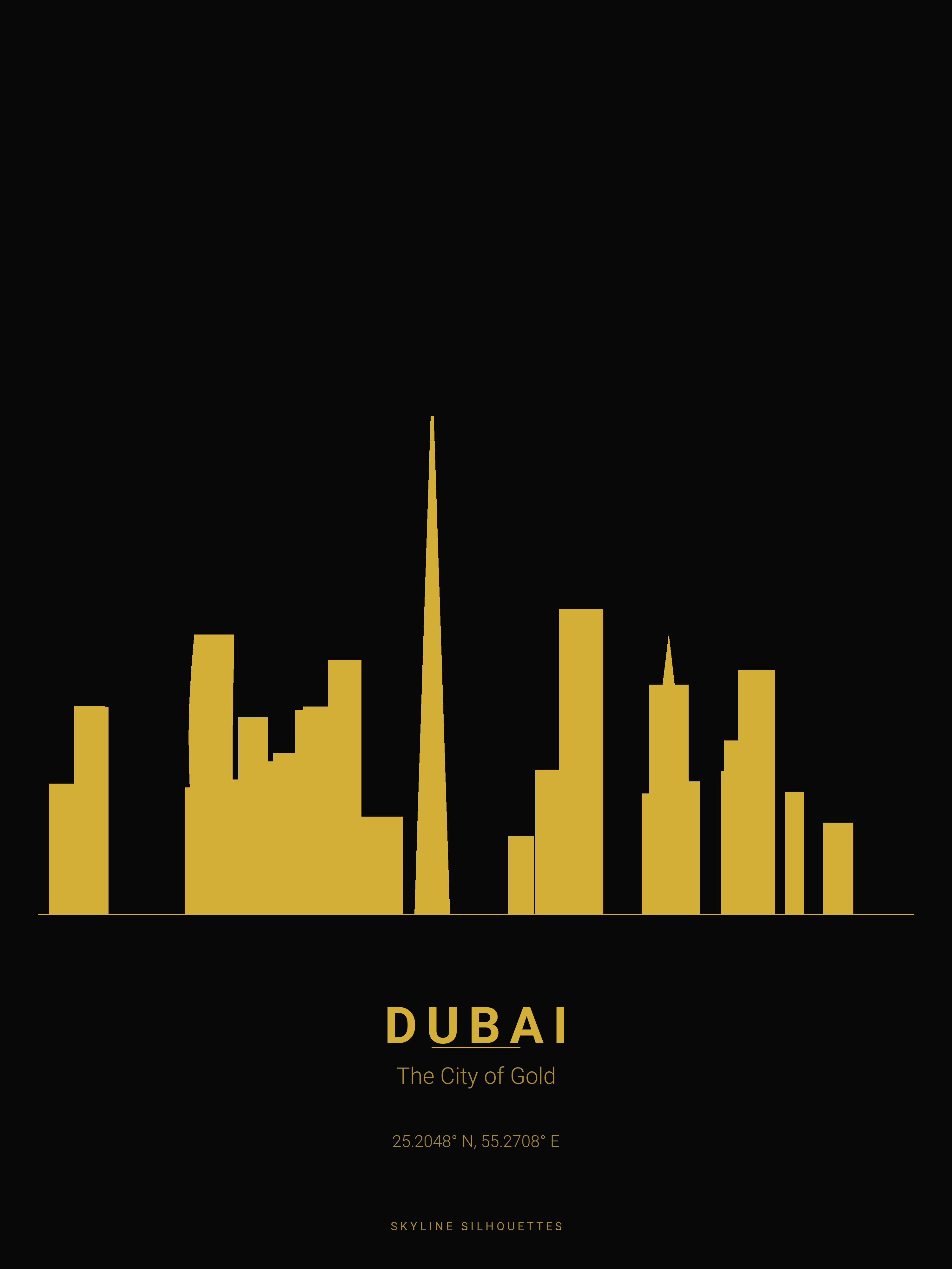 Dubai Skyline Silhouette — Gold on Black