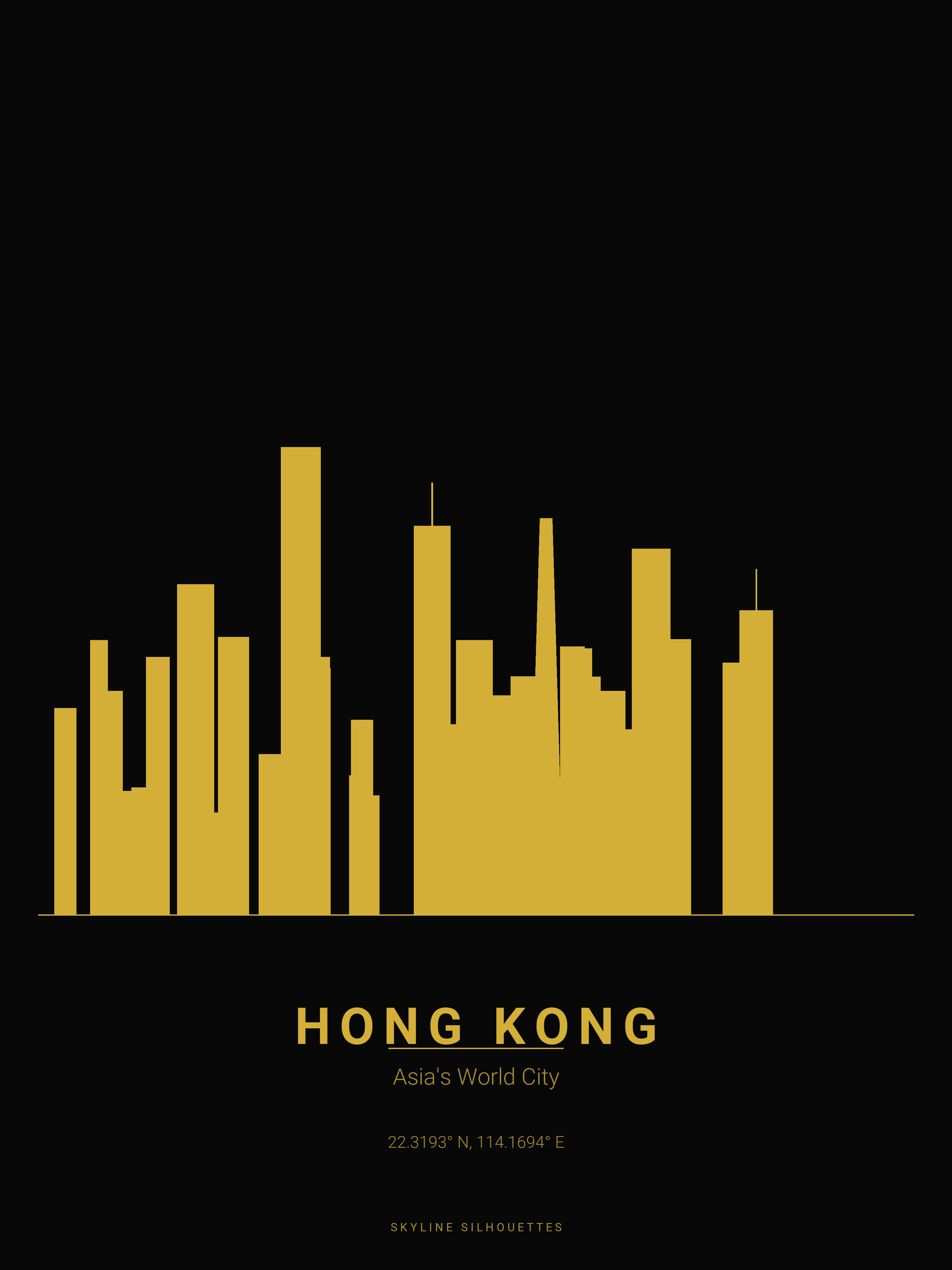 Hong Kong Skyline Silhouette — Gold on Black